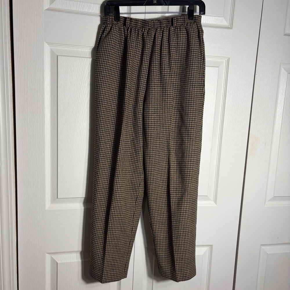 Vintage Alfred Dunner Wool Blend Pants Petite 12 Brown Houndstooth Elastic Waist
